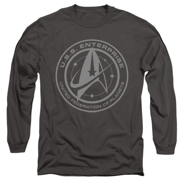 STAR TREK DISCOVERY : ENTERPRISE CREST L\S ADULT T SHIRT 18\1 Charcoal MD on Sale